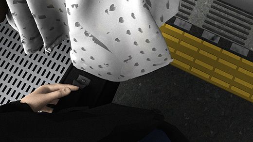 (第三者・犯人・戦利品の三点セット:PVピンク色のヒョウ柄パンティ編)ガラガラの駅で超ミニスカートの女子大生(?)の真後ろに陣取って地面にカバンを置いた怪しいオヤジを激写。画像no.4