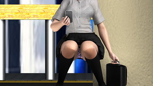 早朝の駅でスカートの超絶短い女子学生を見つけたのだが、ホームの側溝の中から彼女のスカートの中を堂々と覗いているとんでもない変態サラリーマンに気付いて驚愕!ヘッドフォンの音楽とスマホに夢中で全く気付かない彼女。(ピンクのハート柄編)画像no.4