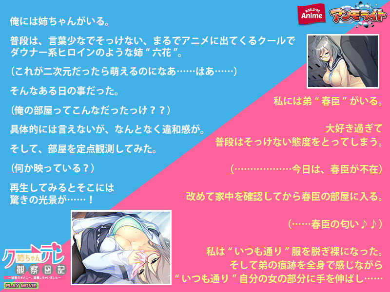 サンプル画像2:クーデレ姉ちゃん観察日記〜秘密のオナニー、盗撮しちゃいました〜PLAY MOVIE(WorldPG Anime) [d_185300]