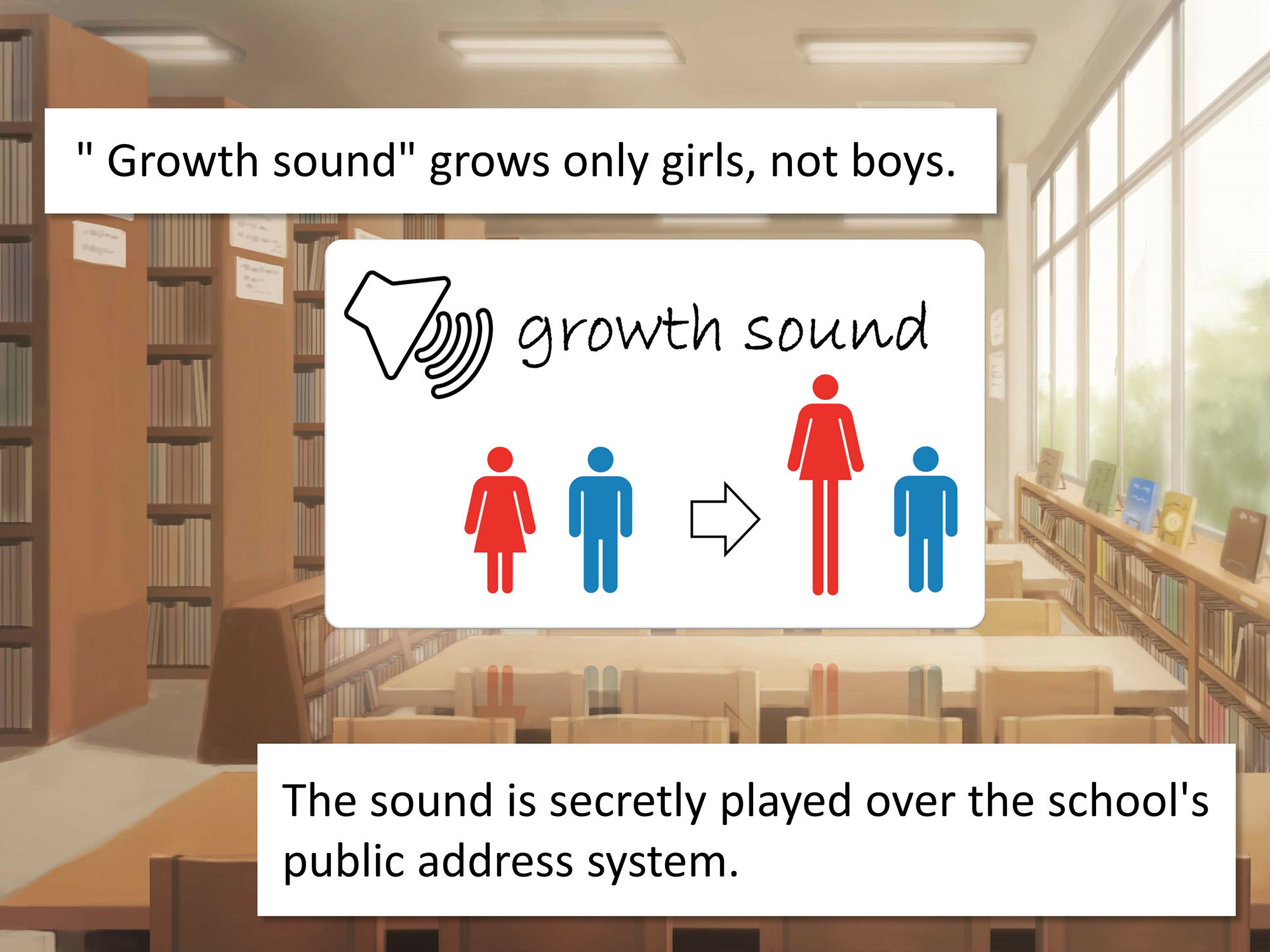 サンプル画像1:Girls overtook boys after playing ’the sound of only girls grow up’ in the library.(女子成長クラブ) [d_232177]