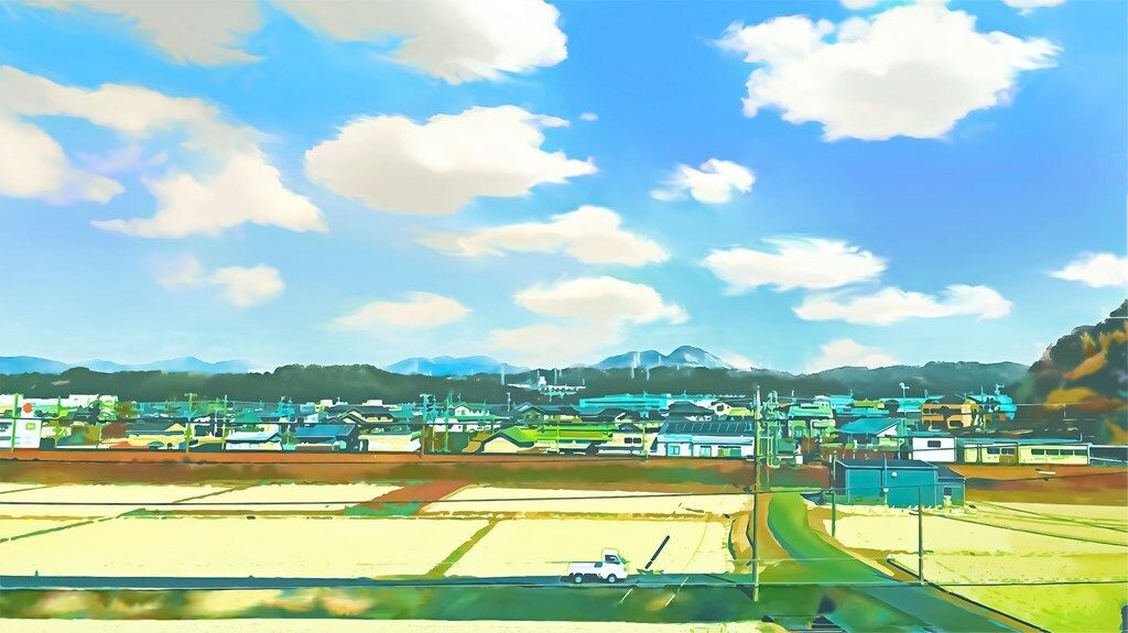 サンプル画像1:田畑と農村【背景素材（夕方差分＋空くり抜きセット）】(Re；creating_world) [d_234254]