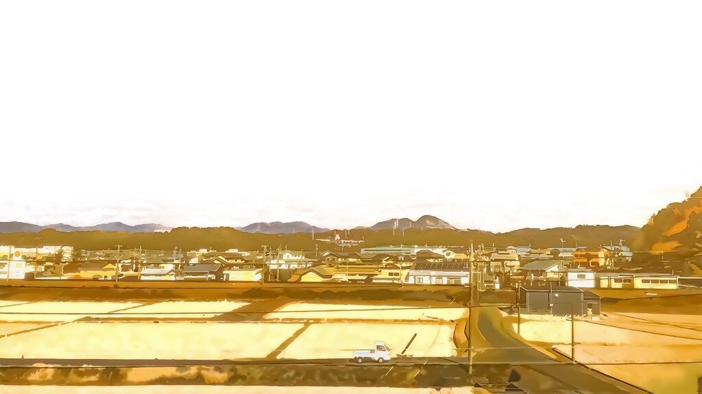 サンプル画像3:田畑と農村【背景素材（夕方差分＋空くり抜きセット）】(Re；creating_world) [d_234254]