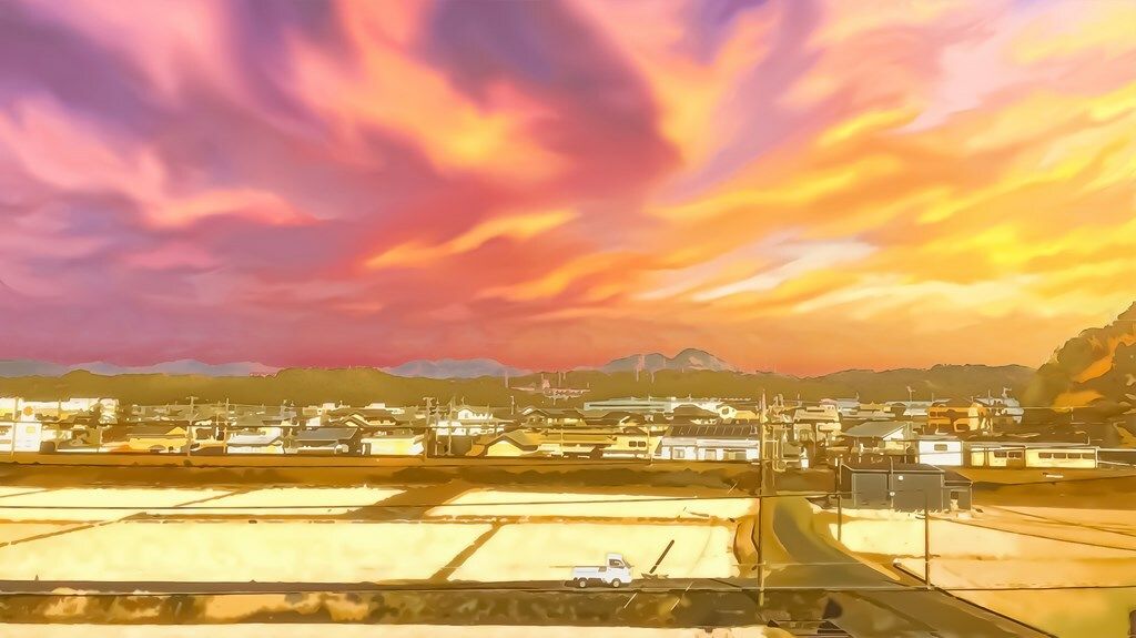 サンプル画像4:田畑と農村【背景素材（夕方差分＋空くり抜きセット）】(Re；creating_world) [d_234254]