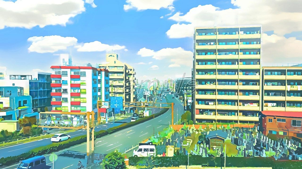 サンプル画像1:都会のマンションと国道【背景素材（夕方差分＋空くり抜きセット）】(Re；creating_world) [d_234288]