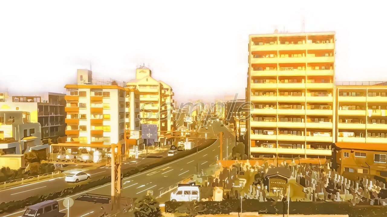 サンプル画像2:都会のマンションと国道【背景素材（夕方差分＋空くり抜きセット）】(Re；creating_world) [d_234288]