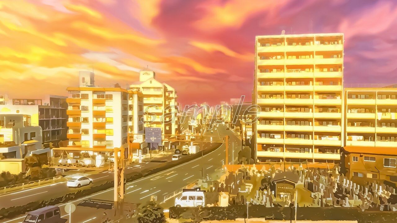 サンプル画像3:都会のマンションと国道【背景素材（夕方差分＋空くり抜きセット）】(Re；creating_world) [d_234288]