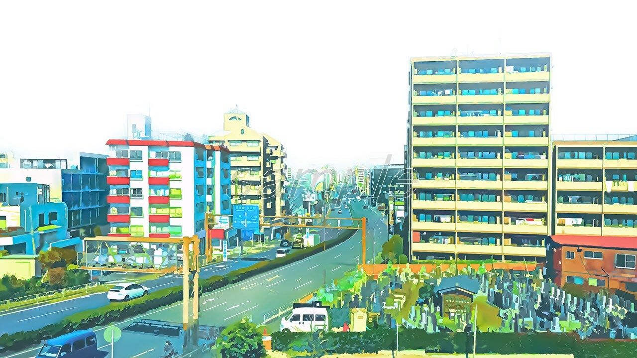 サンプル画像4:都会のマンションと国道【背景素材（夕方差分＋空くり抜きセット）】(Re；creating_world) [d_234288]