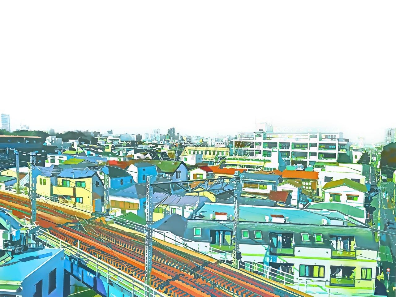 サンプル画像3:線路と都心部の住居【背景素材（夕方差分＋空くり抜きセット）】(Re；creating_world) [d_234297]