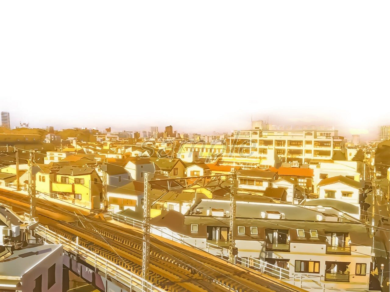 サンプル画像4:線路と都心部の住居【背景素材（夕方差分＋空くり抜きセット）】(Re；creating_world) [d_234297]