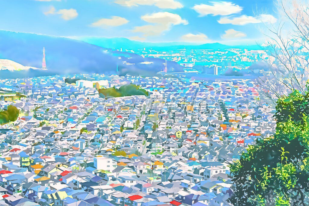 サンプル画像1:町と住居の上空【背景素材_夕方差分＋空くり抜きセット】(Re；creating_world) [d_234548]
