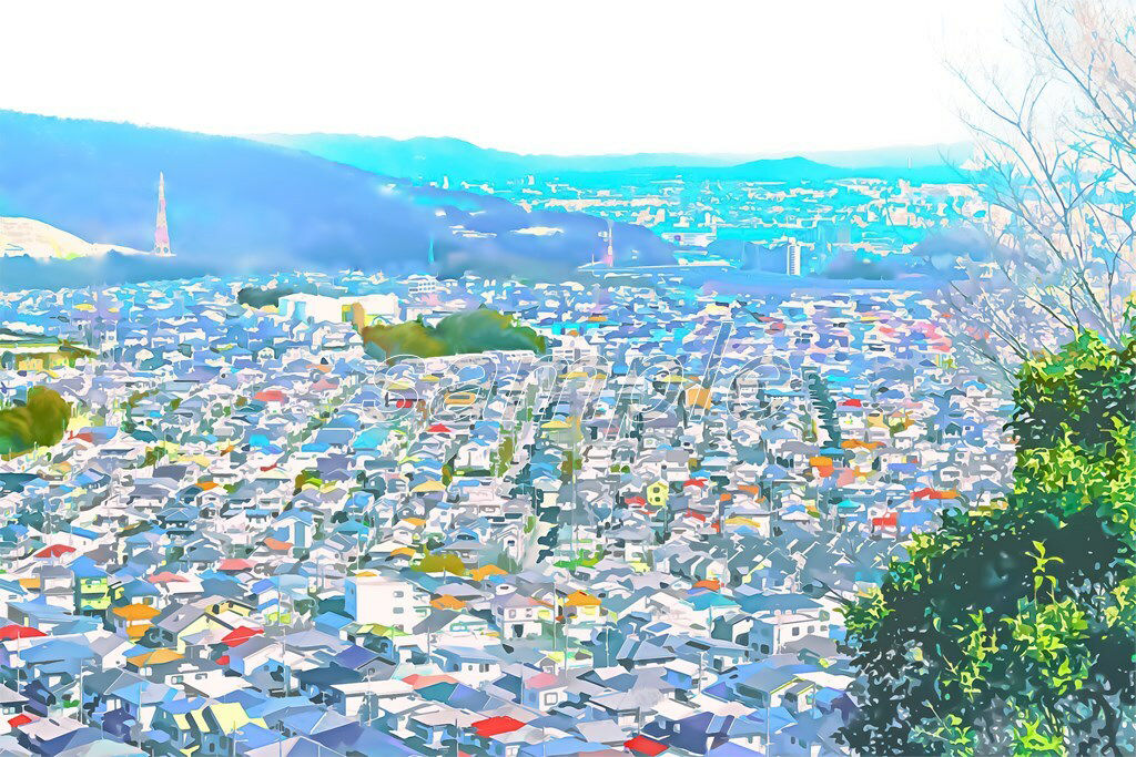 サンプル画像2:町と住居の上空【背景素材_夕方差分＋空くり抜きセット】(Re；creating_world) [d_234548]