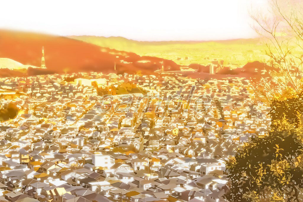 サンプル画像3:町と住居の上空【背景素材_夕方差分＋空くり抜きセット】(Re；creating_world) [d_234548]