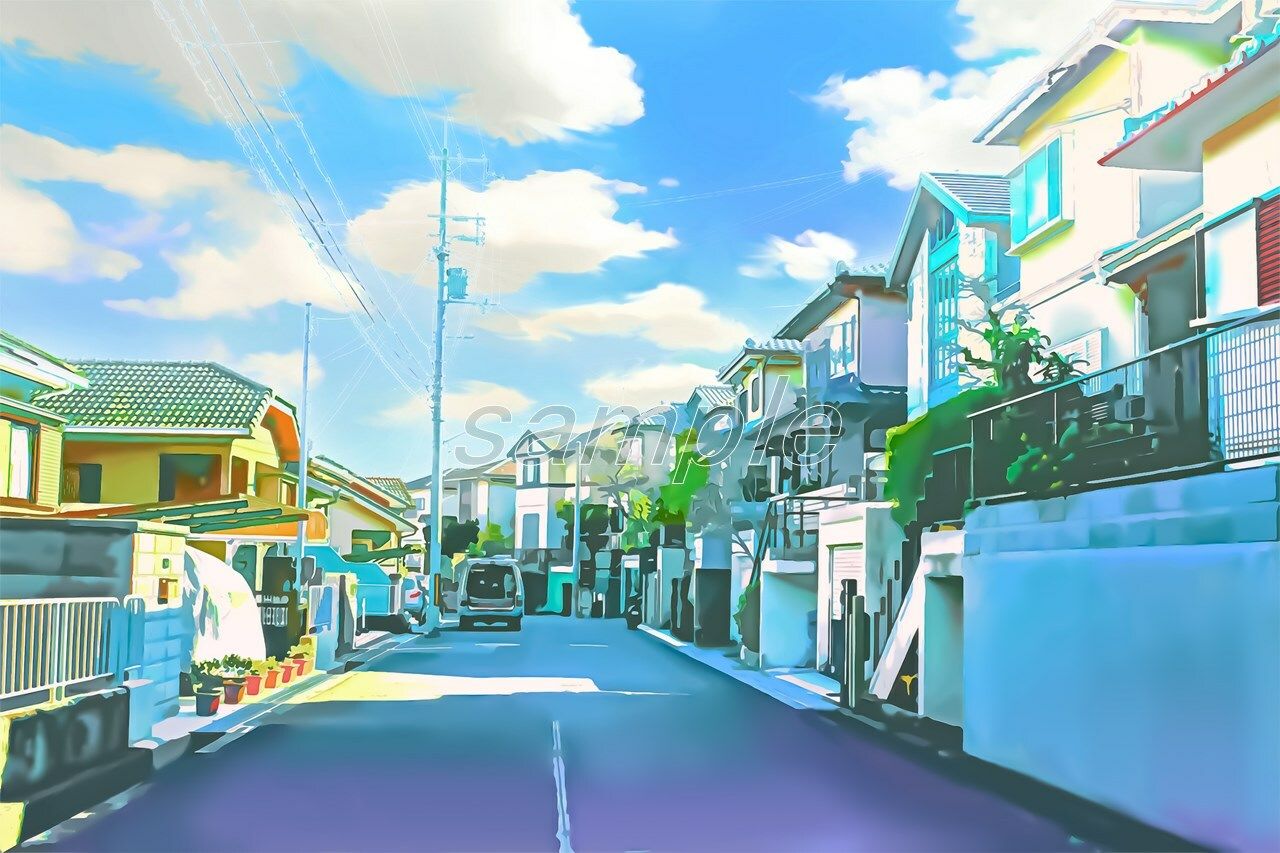 サンプル画像1:閑静な住宅街1【背景素材_夕方差分＋空くり抜きセット】(Re；creating_world) [d_234601]