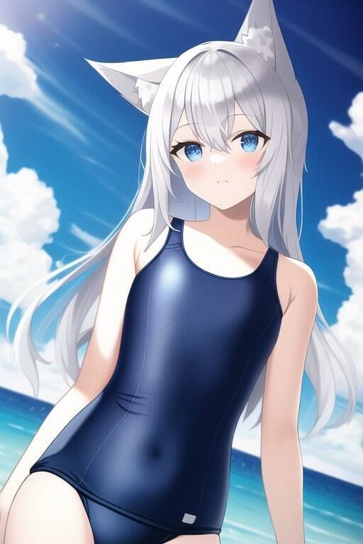 サンプル画像1:スク水の銀髪オオカミ少女と海辺にて(夢海ルナ) [d_244877]