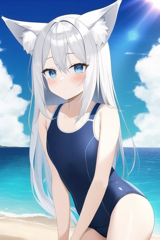 サンプル画像2:スク水の銀髪オオカミ少女と海辺にて(夢海ルナ) [d_244877]