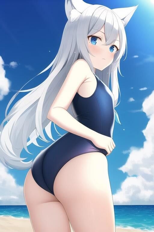 サンプル画像3:スク水の銀髪オオカミ少女と海辺にて(夢海ルナ) [d_244877]