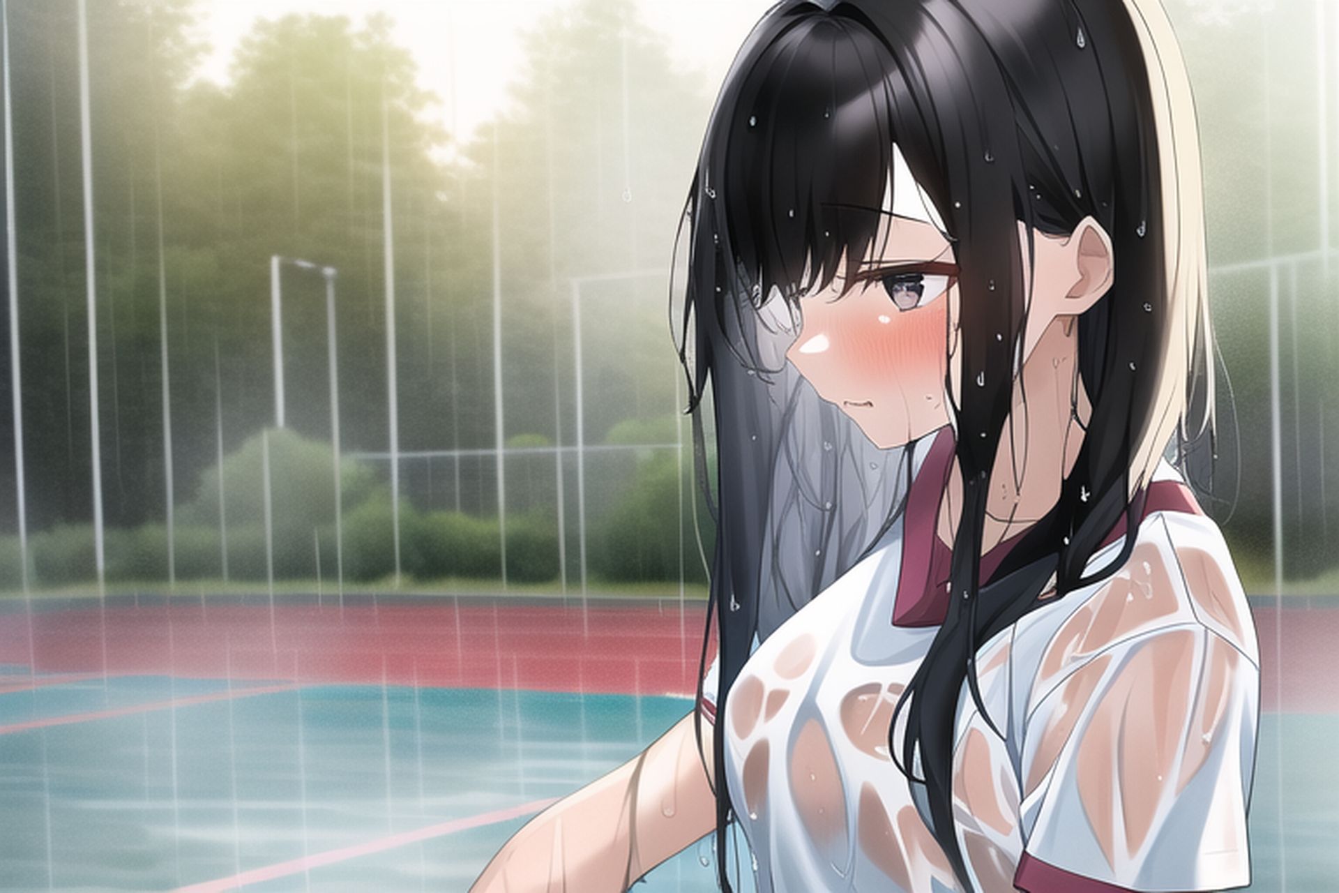 サンプル画像1:黒髪ロング体操服濡れ透けエロCG集(AI画像館) [d_246491]