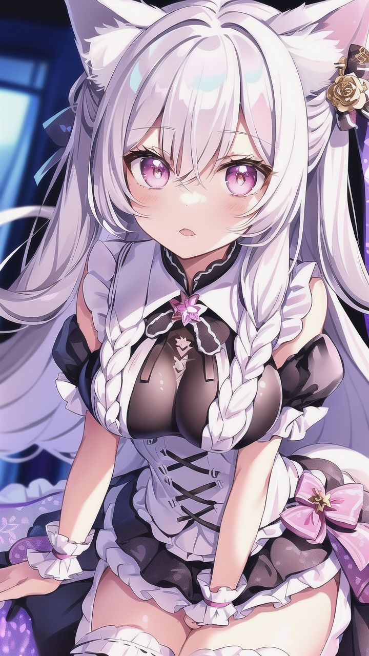 サンプル画像2:AIキャラ素材集1 猫耳がとてもキュートで美しい白髪の女の子(AIいらすと屋) [d_266617]