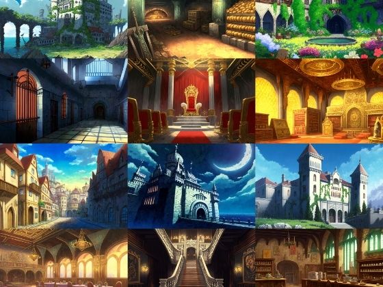 【アニメ映画風の城や室内の背景】著作権フリーの高解像度画像（100枚）