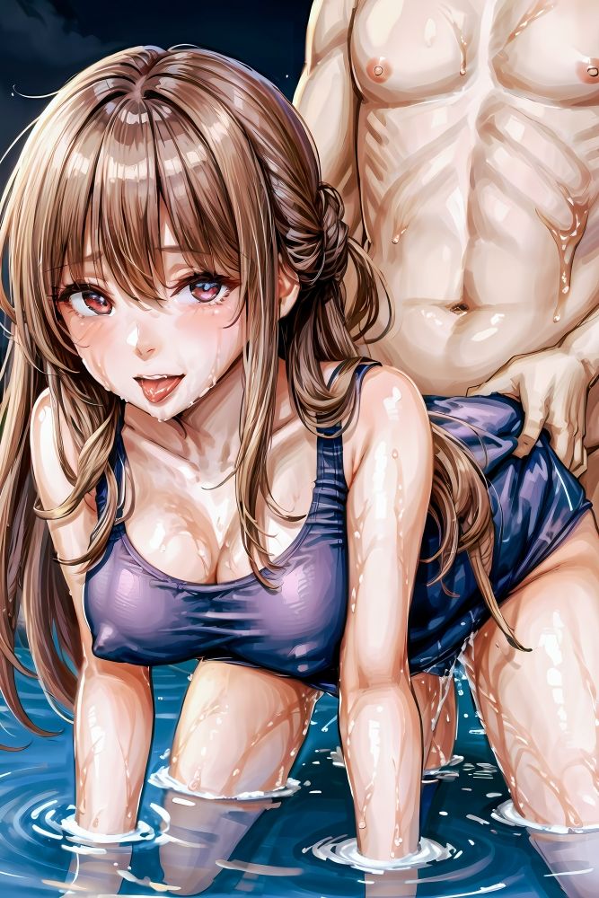 スク水巨乳J●と夜のプールでHなことをするAIイラスト集