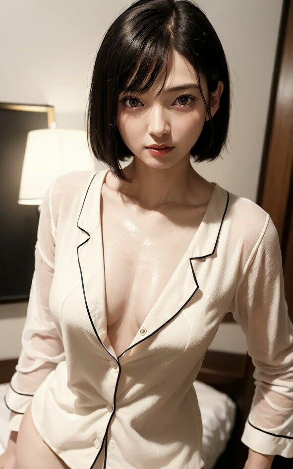 サンプル画像1:パジャマを徐々に脱がされちゃうショートボブな巨乳美女のヌード写真集【AI妄想グラビア写真集】(おなにマン) [d_283878]