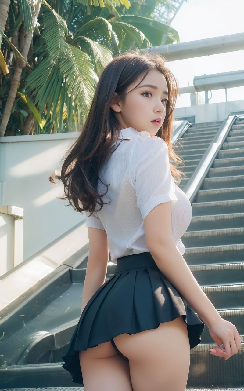 サンプル画像1:乗ったエスカレーター見上げたら、目の前の美女が！？(AI美女妄想図鑑) [d_283935]