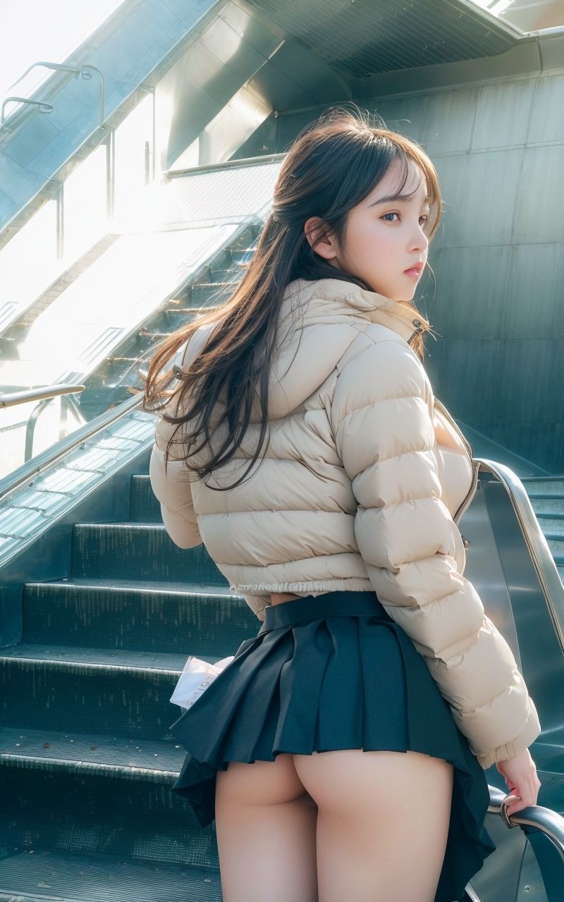 サンプル画像4:乗ったエスカレーター見上げたら、目の前の美女が！？(AI美女妄想図鑑) [d_283935]