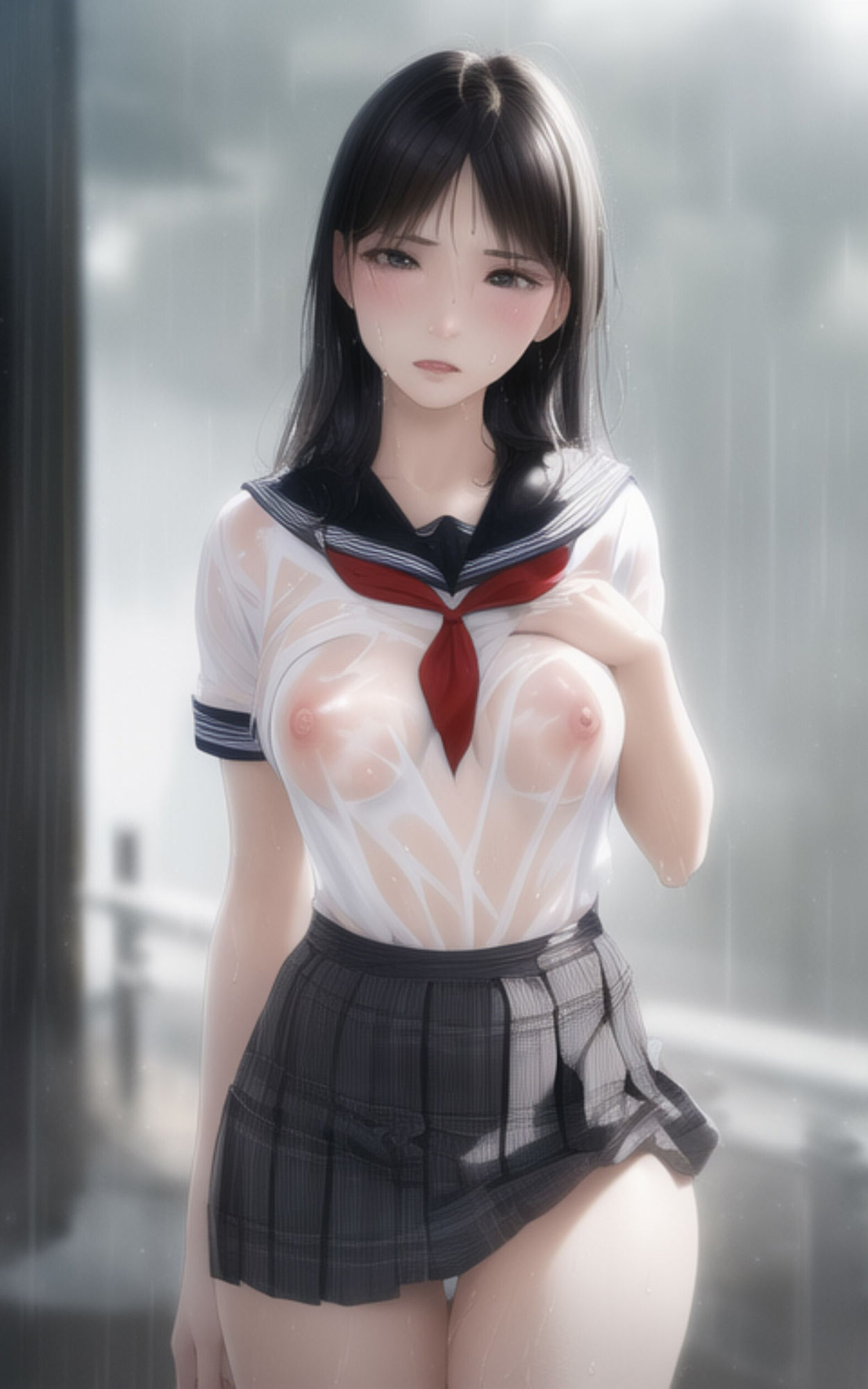サンプル画像2:雨で濡れた制服美女が諦めてその場で脱いで全部見せてくれる写真集(やなせ) [d_285370]