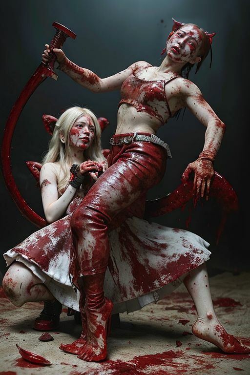 サンプル画像1:血花の舞: 狂気と美の対決 – AIが織りなす、現実を超えた女神たちの戦場(nico bassの世界) [d_288659]