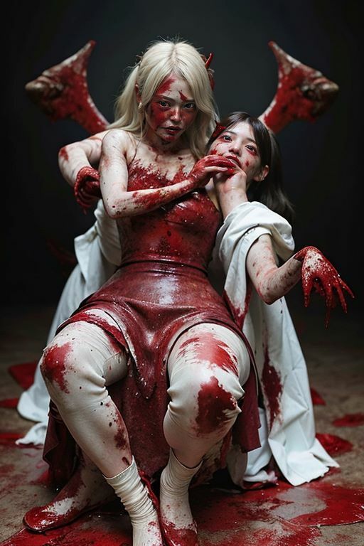 サンプル画像3:血花の舞: 狂気と美の対決 – AIが織りなす、現実を超えた女神たちの戦場(nico bassの世界) [d_288659]