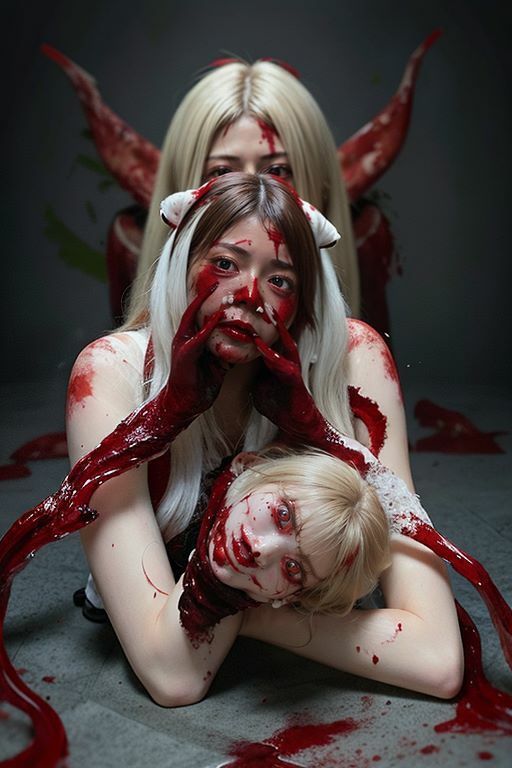 サンプル画像4:血花の舞: 狂気と美の対決 – AIが織りなす、現実を超えた女神たちの戦場(nico bassの世界) [d_288659]