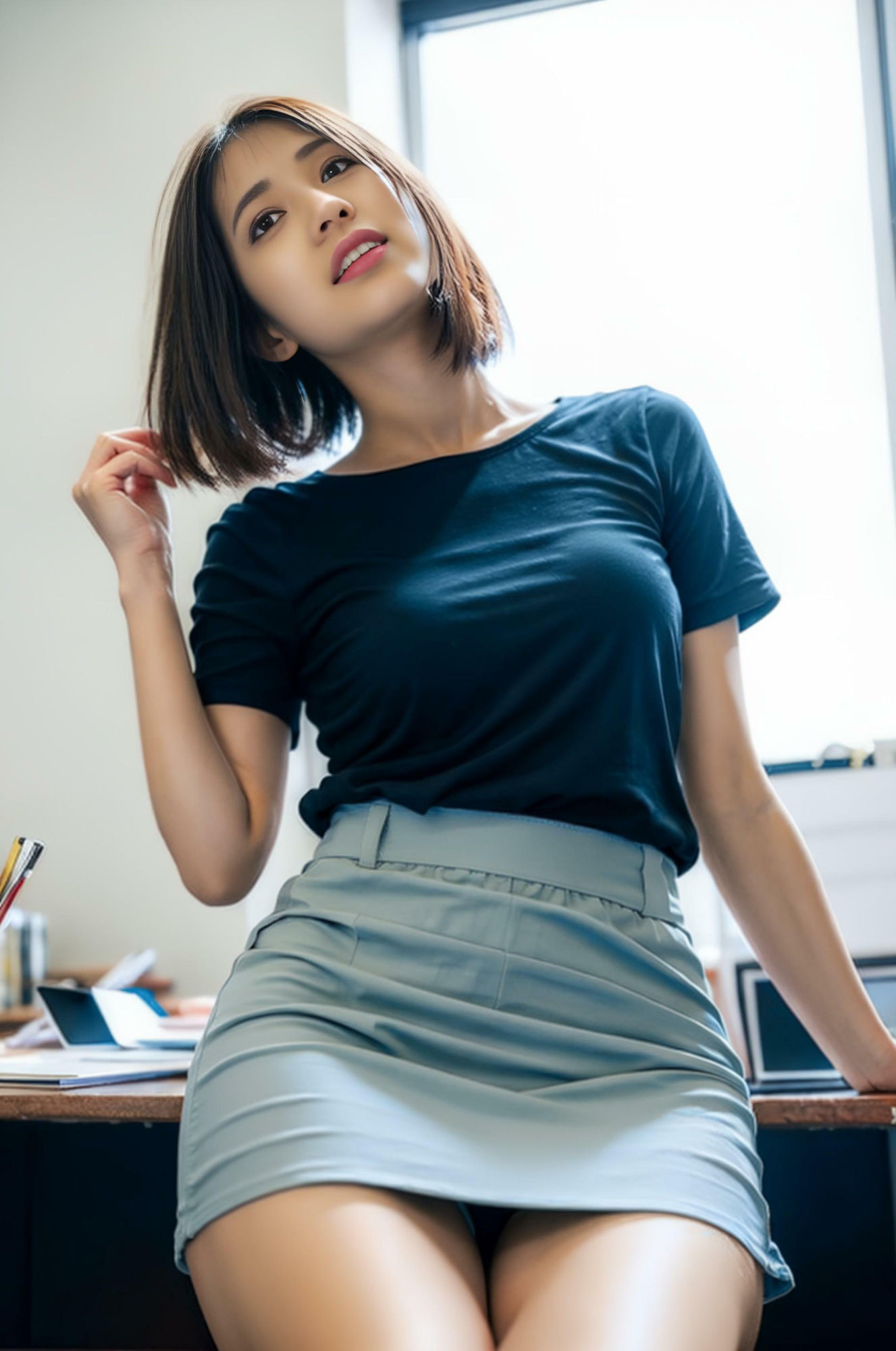 サンプル画像4:ミニスカOL Sな顔・Mな顔 〜妄想AI美女イラスト集vol.14 スーツ スカート パンチラ 満載〜(妄想グラビア出版) [d_292964]