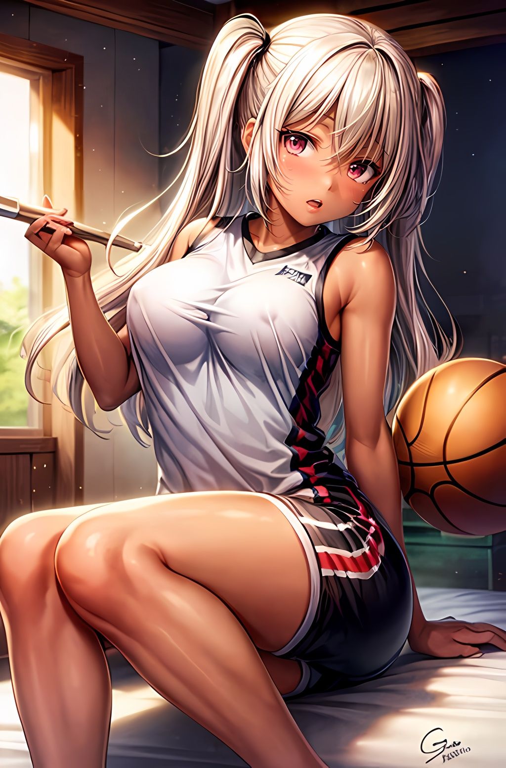 サンプル画像1:校舎のシルエットに映る瞬間: 金髪の黒ギャル、スポーツと校舎の間で(nico bassの世界) [d_294329]