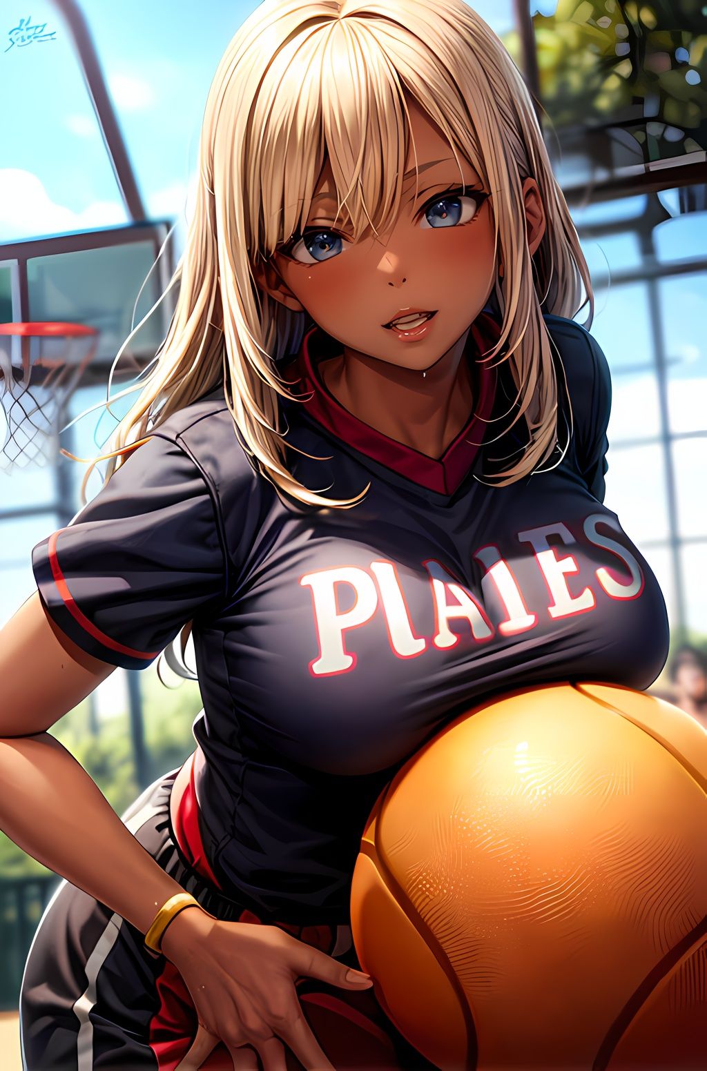 サンプル画像3:校舎のシルエットに映る瞬間: 金髪の黒ギャル、スポーツと校舎の間で(nico bassの世界) [d_294329]