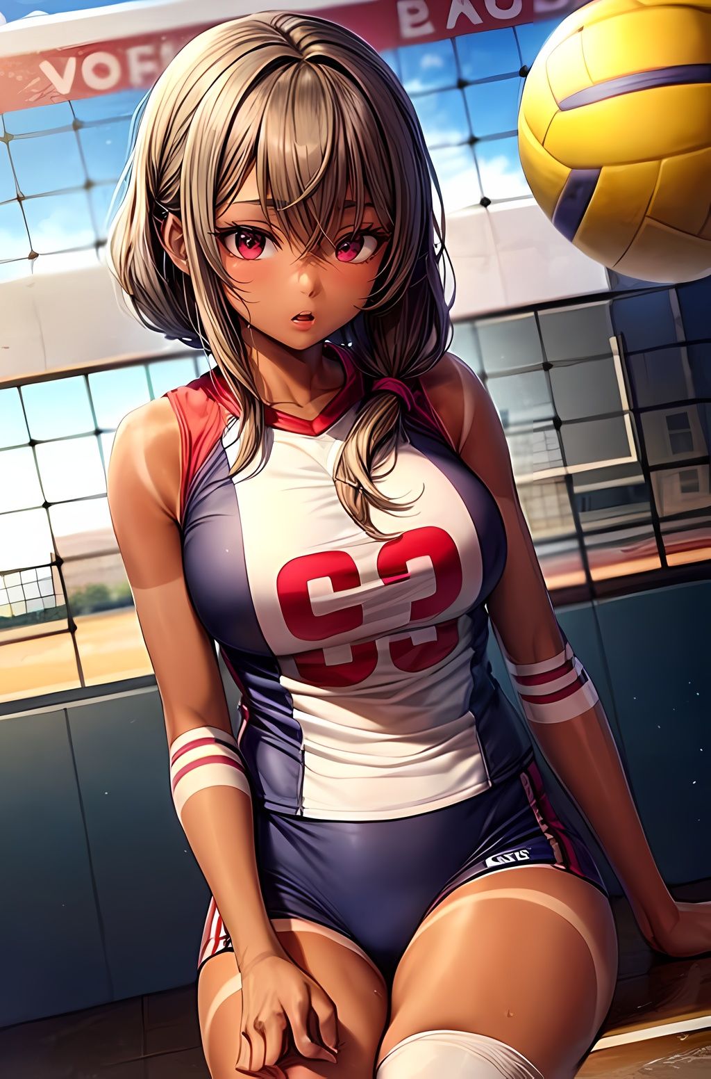 サンプル画像4:校舎のシルエットに映る瞬間: 金髪の黒ギャル、スポーツと校舎の間で(nico bassの世界) [d_294329]