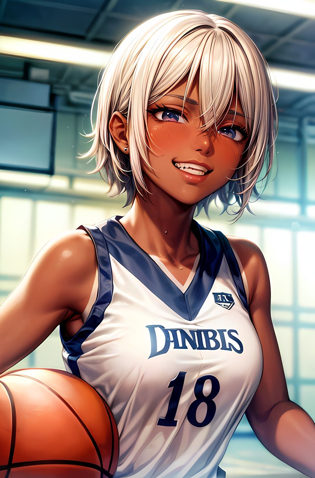 サンプル画像5:校舎のシルエットに映る瞬間: 金髪の黒ギャル、スポーツと校舎の間で(nico bassの世界) [d_294329]