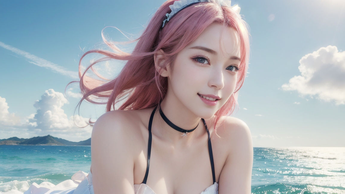 サンプル画像1:ピンクヘアーな彼女・ピンク髪フェチ・着エロ【AI美女・美少女グラビア写真集】(愛の女神) [d_295195]