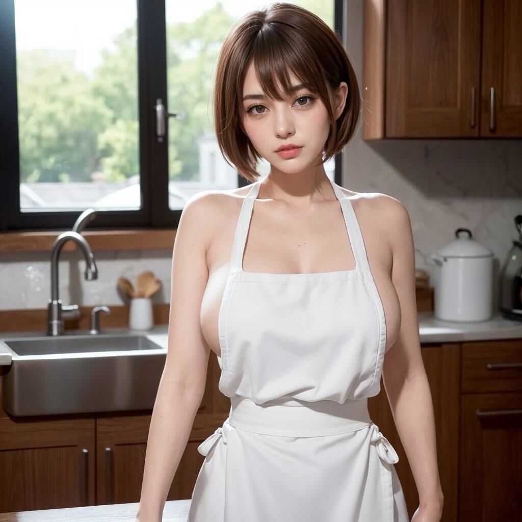 サンプル画像1:ショートカット巨乳美女の裸エプロン写真(理想の彼女研究所) [d_298249]