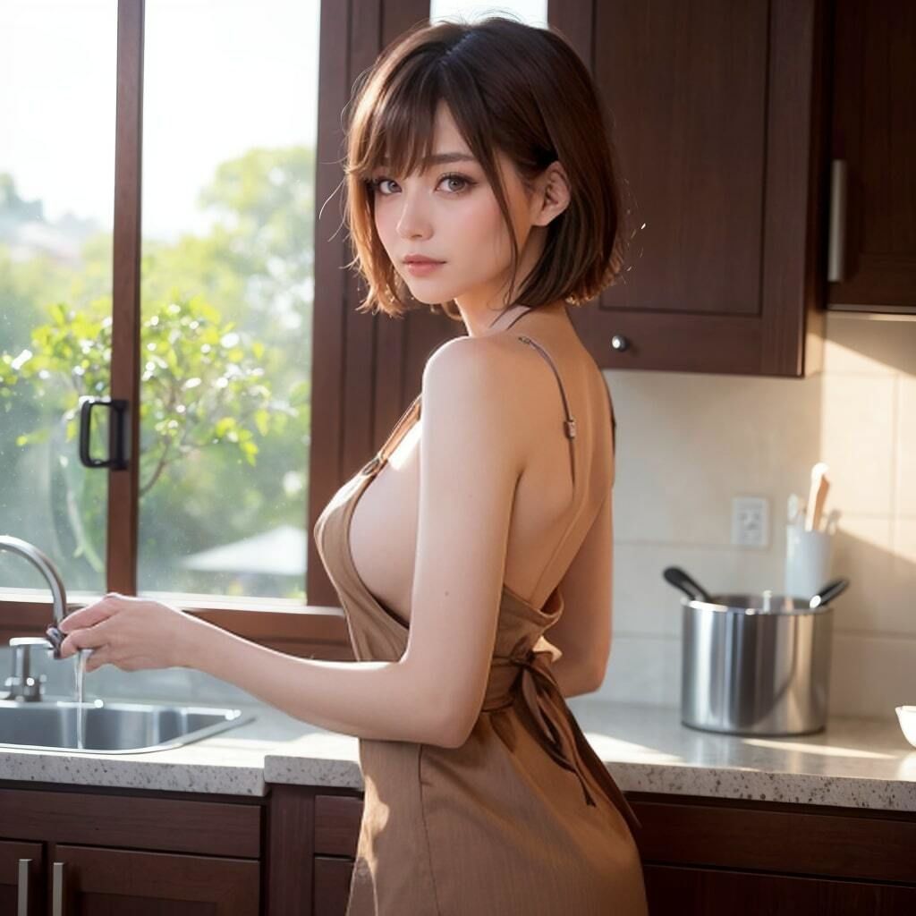 サンプル画像5:ショートカット巨乳美女の裸エプロン写真(理想の彼女研究所) [d_298249]