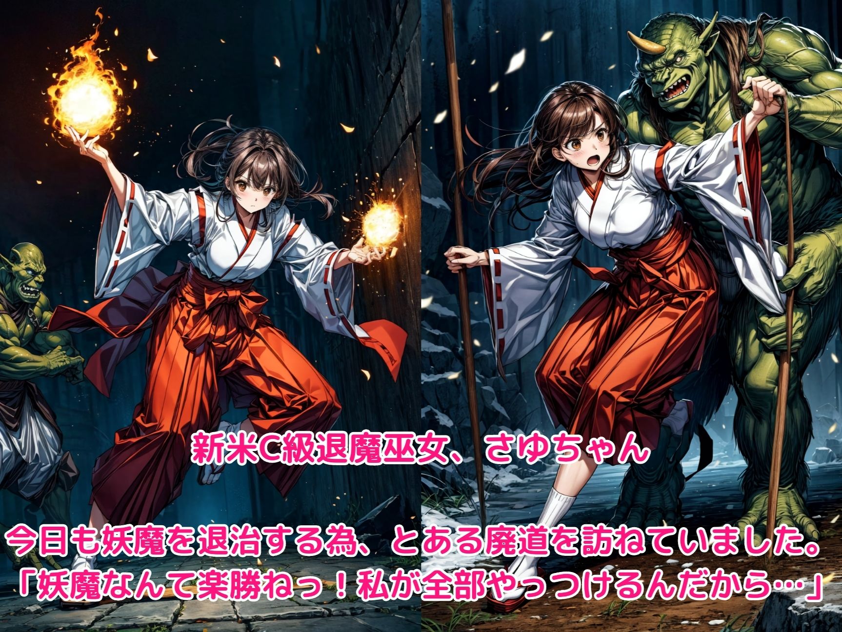 サンプル画像1:ヒロイン敗北 – 巨根の妖魔オーガに洗礼を受けた新米退魔巫女(絵心あいのAI生成アトリエ) [d_300369]