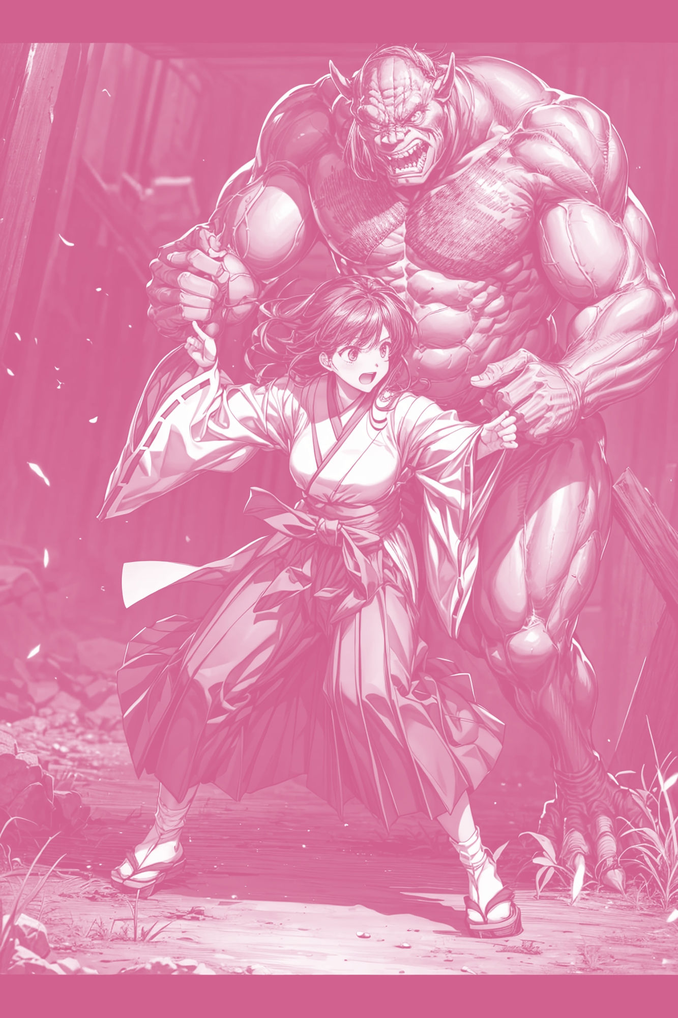 サンプル画像3:ヒロイン敗北 – 巨根の妖魔オーガに洗礼を受けた新米退魔巫女(絵心あいのAI生成アトリエ) [d_300369]