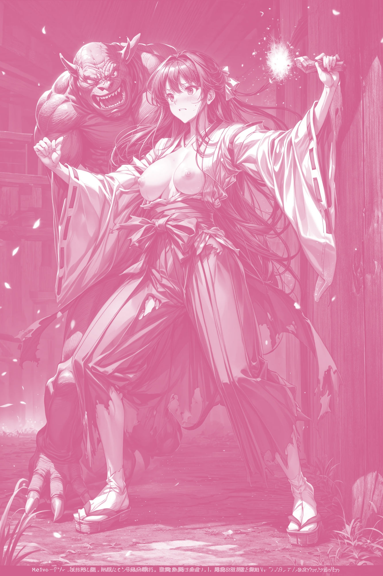 サンプル画像4:ヒロイン敗北 – 巨根の妖魔オーガに洗礼を受けた新米退魔巫女(絵心あいのAI生成アトリエ) [d_300369]