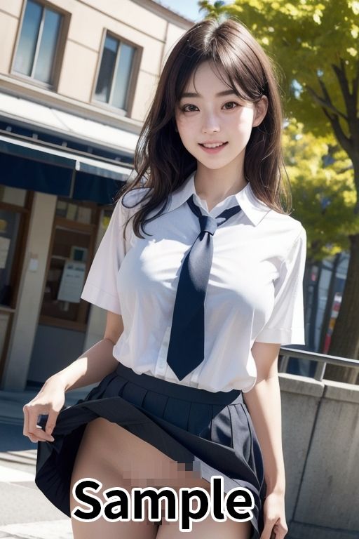サンプル画像5:制服女子ノーパン丸見えスカートたくし上げ露出(妄想倶楽部) [d_300953]