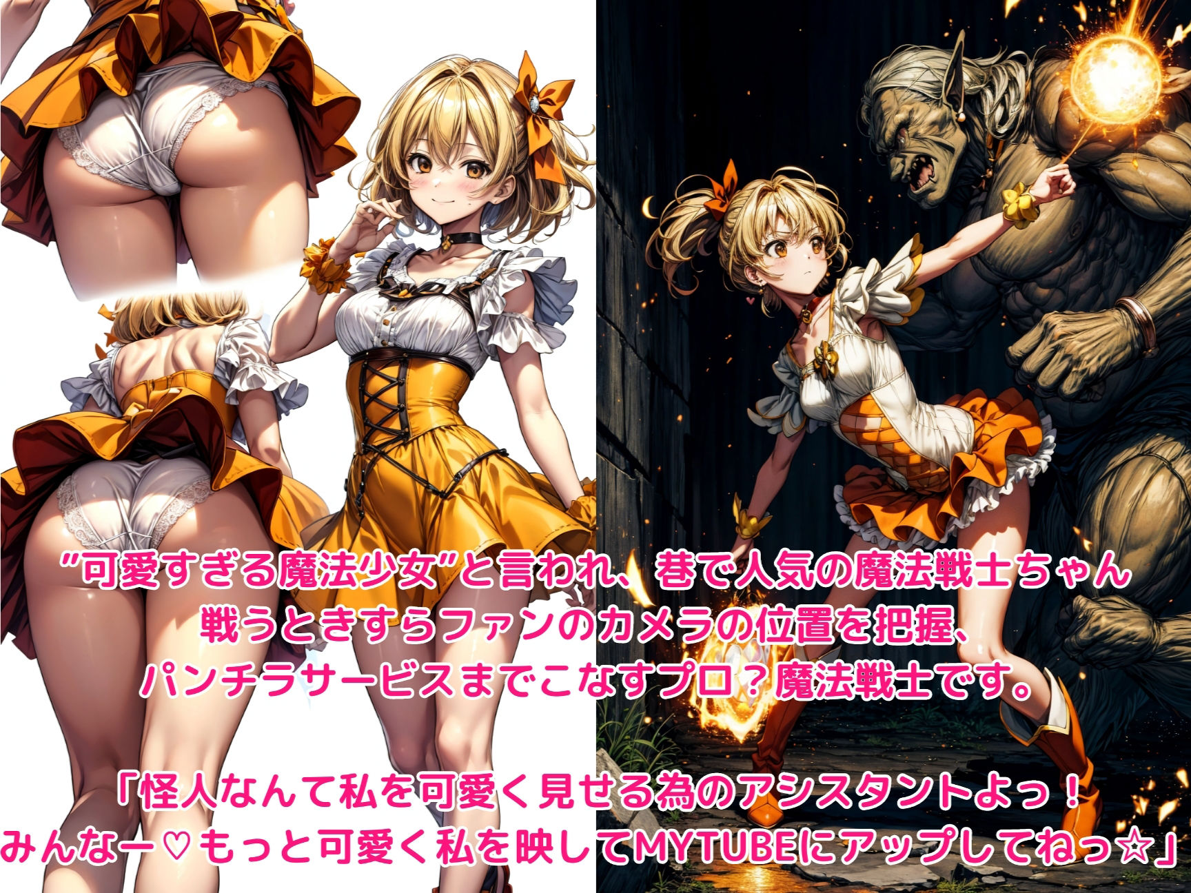 サンプル画像1:ヒロイン敗北 – 戦いの洗礼を受けるあざとイエロー(絵心あいのAI生成アトリエ) [d_301172]