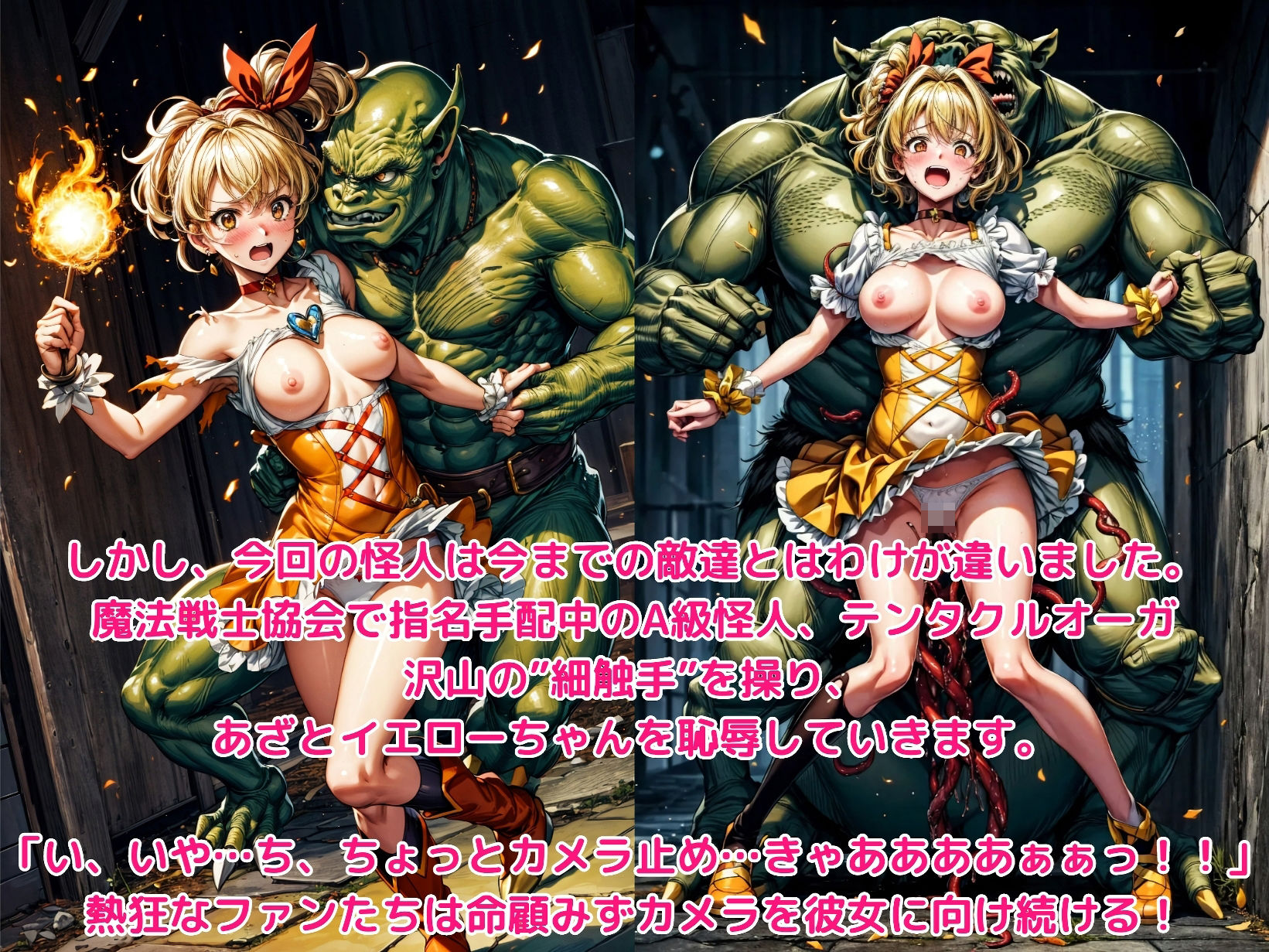 サンプル画像2:ヒロイン敗北 – 戦いの洗礼を受けるあざとイエロー(絵心あいのAI生成アトリエ) [d_301172]