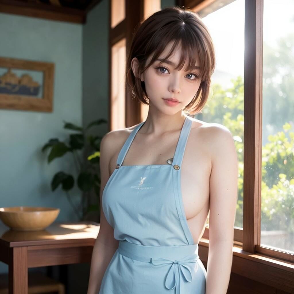 サンプル画像1:ショートカット巨乳美人若奥さまの裸エプロン写真(理想の彼女研究所) [d_301241]