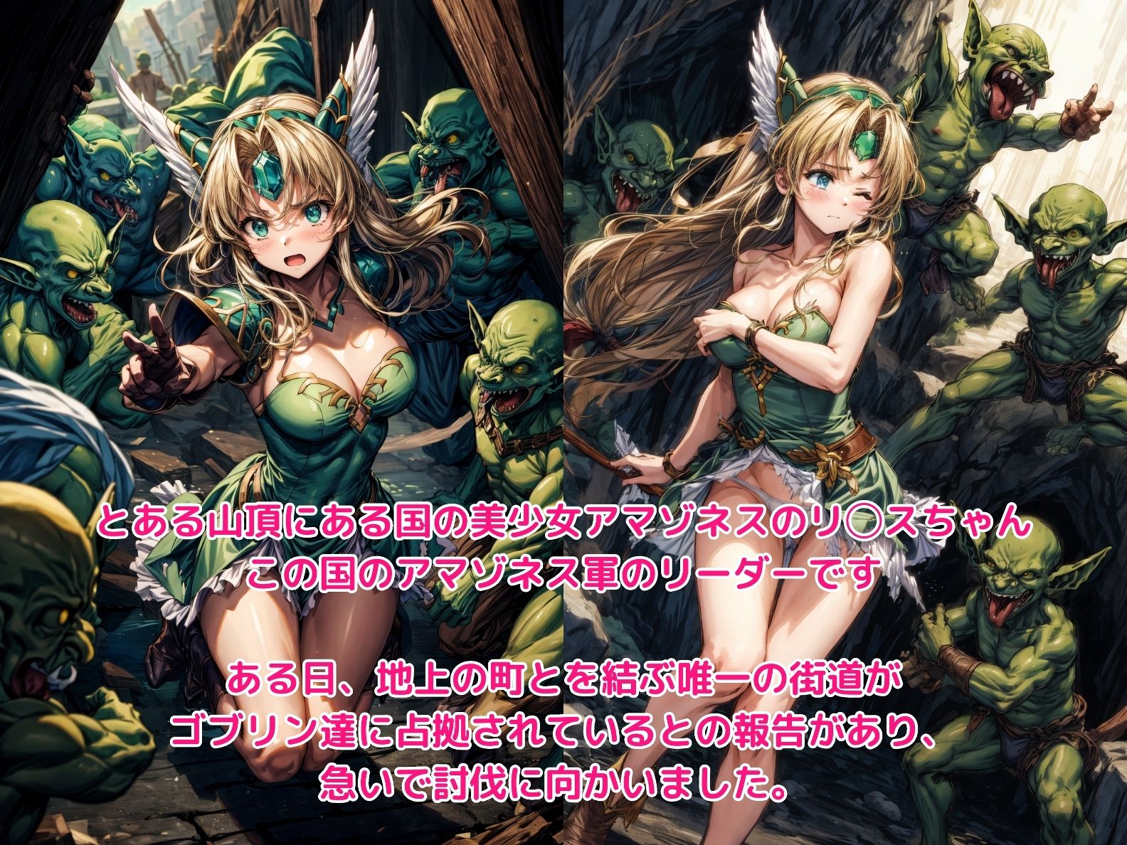 サンプル画像1:ヒロイン敗北 – ゴブリンに蹂躙された美少女アマゾネス(絵心あいのAI生成アトリエ) [d_302659]