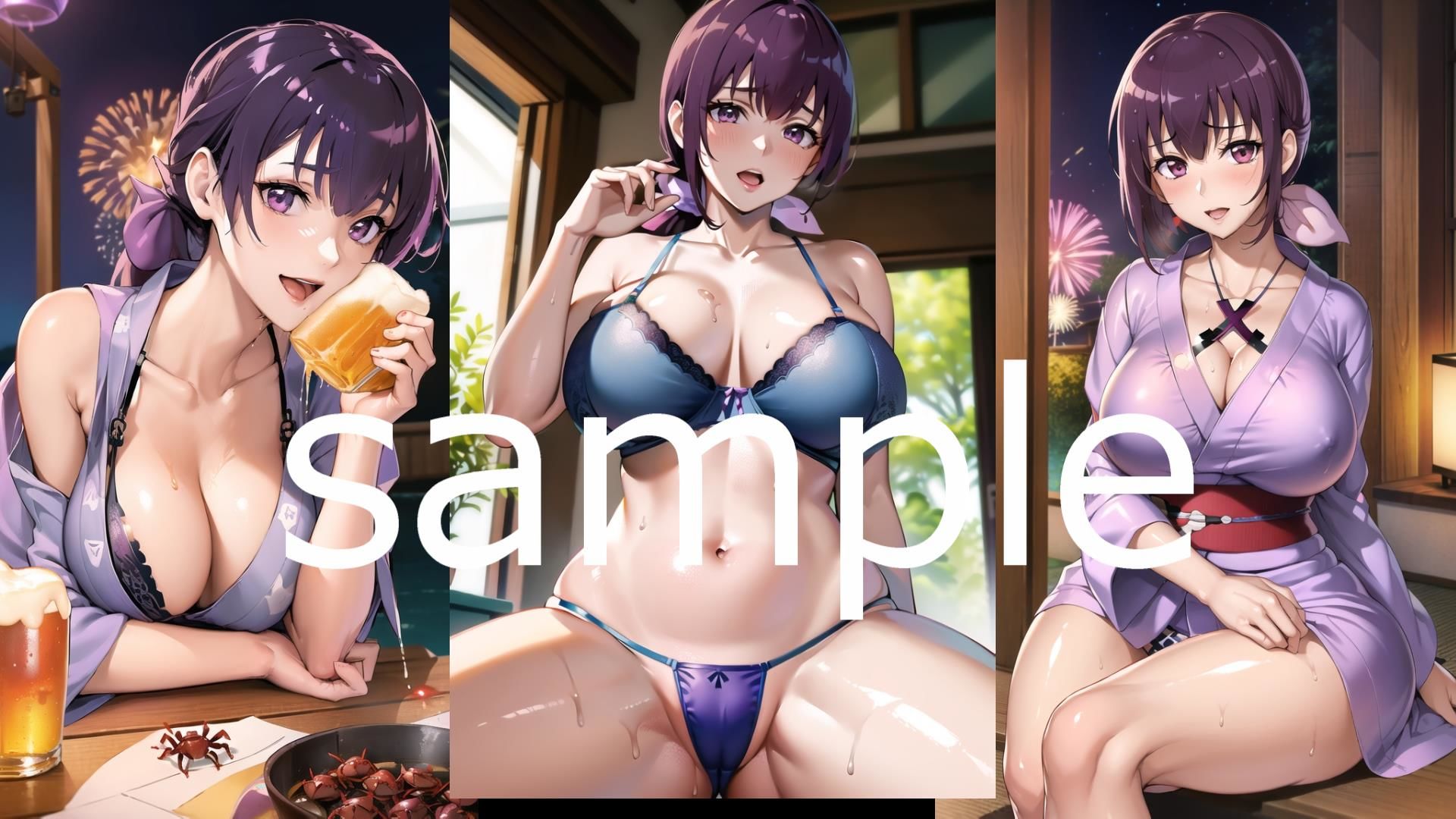 サンプル画像2:【福引でカニ食べ放題とアルコール飲み放題付きの人気温泉旅館ペア宿泊券が当たったから、町内で1番美人の育代さんに声をかけてみたら、 「行きたい♪」と言ってくれたので、プライベートビーチでいつものように写真撮影した後、2人で旅館にGO♪浴衣に着替えて温泉に入ったあと、待ちに待った夕食タイム♪でも30分後くらいに彼女がまさかの泥●！？部屋に連れて行って、、、酔っぱらってるところをハメハメしちゃう】といった感じの流れのエロイラスト集(AIアニメ美女ファクトリー) [d_305925]