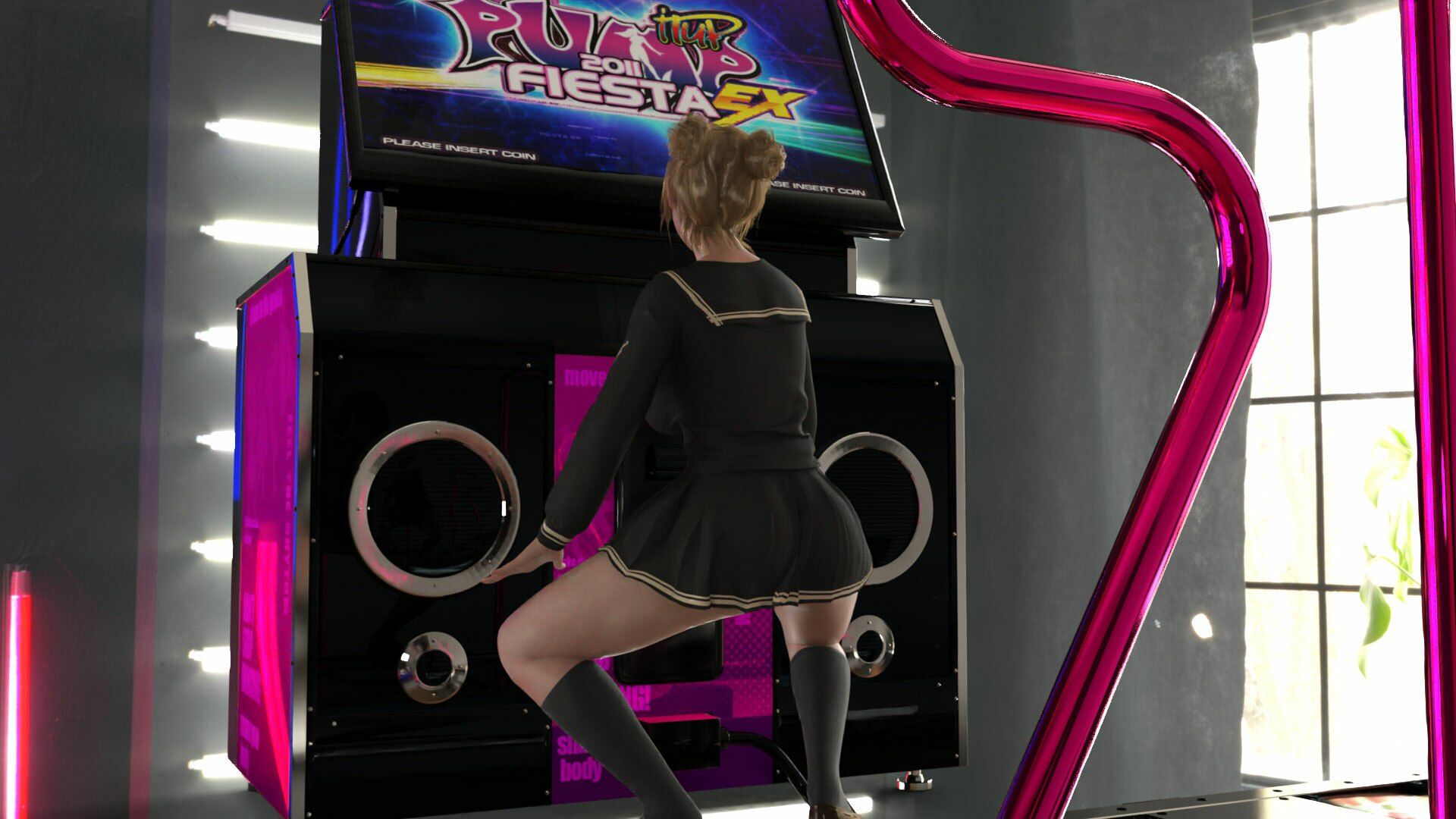 パンツパンツレボリューション！学校近くのゲーセンに寄ってダンスゲームに興じる廻里。ところがゲーム筐体に真下から隠しカメラが仕掛けられており、スカート内を盗撮される被害に遭う（PV03:黒地ハート柄派手派手パンティ）のサンプル画像 6