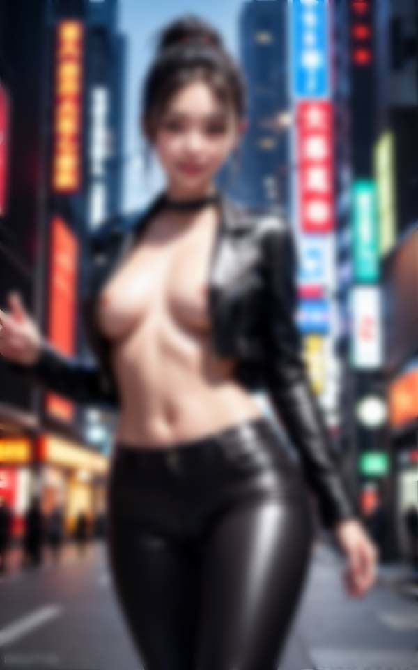 サンプル画像1:革ジャン美巨乳女子がネオン街で大胆露出(200円特価セール) [d_308079]